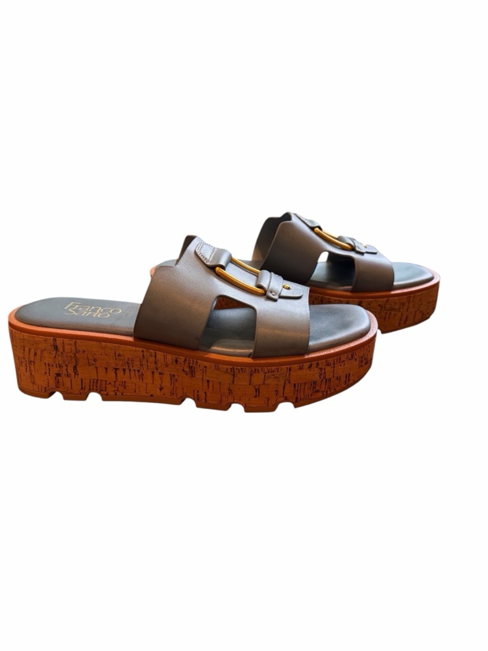 Franco Sarto Platform Slide Sandals Sz 8 Gray Leather Cork Sole 2” Heel Comfort - Picture 9 of 11